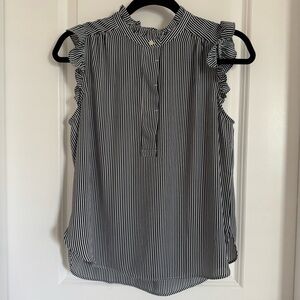 LOFT Ruffled Black and White Striped Sleeveless Blouse, SP
